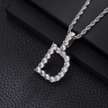 Close-up of letter D pendant necklace with cubic zirconia pavé on silver rope chain - D-Silver