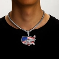 Hip hop American flag map pendant on tennis chain with rhinestones and eagle detail - Silver Tone Pendant And Tennis Chain