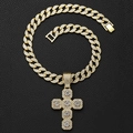 Icy gold-plated Cuban link necklace with large iced-out rhinestone cross pendant - Gold Pendant with Cuban Chain