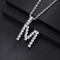 Detailed close-up of iced out letter M pendant with double-row cubic zirconia on rope chain - M-Silver