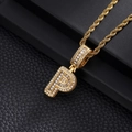 Macro detail of iced-out gold letter P pendant with cubic zirconia on a rope chain - Letter P / Gold