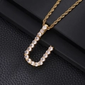 Close-up of hip-hop letter U pendant in gold finish with sparkling cubic zirconia stones - Letter U (Rope Chain) / Gold