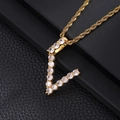 Close-up of gold V letter pendant with cubic zirconia on a classic rope chain - Letter V (Rope Chain) / Gold
