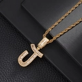 Detail of hip hop style gold plated letter J pendant with micro pave cubic zirconia stones - Letter J (5507837524621)