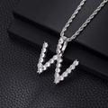 Detail of silver-plated 'W' letter pendant with sparkling cubic zirconia on a rope chain - W-Silver