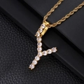 Close-up of a gold hip hop letter Y pendant paved with sparkling cubic zirconia on rope chain - Letter Y (Rope Chain) / Gold