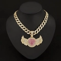 Hip-Hop-Goldkette mit großem rosa Zirkon-Herz und eisgekühlten Engelsflügeln-Anhänger - Rosa Strass Herz Flügel Mit 18-Zoll Panzerkette / Gold