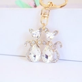 Creative cute cat couple keychain with golden alloy and sparkling crystals on white box - White (Clear Rhinestone)