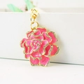 Pink rhinestone rose keychain with gold-plated petals and secure spring clasp for bags - Pink