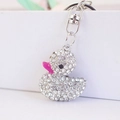 Portachiavi con papera carina in strass scintillanti e moschettone in metallo argento - Bianco