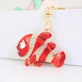 Porte-clés poisson-clown rouge avec strass brillants et mousqueton doré de haute qualité - Rouge