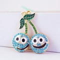 Portachiavi a ciliegia con strass blu, design smiley e anello in lega dorata - Blu