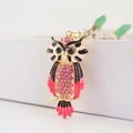 Pink rhinestone owl keychain with gold-plated alloy base and enamel finish for women - Pink
