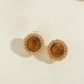 Vintage round stud earrings with brown tiger eye stone and golden rope edge - Brown