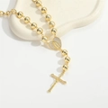 Collar de rosario dorado con medalla de corazón de cristal y colgante de cruz en bandeja blanca - Dorado (XL3219-1MA2-2)