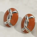 Orecchini a perno ovali stile vintage con smalto arancione e decoro a nastro argento - Caffè (Argento) (MA1-6)