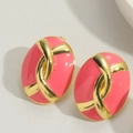 Orecchini a perno ovali in smalto rosa con croce dorata e finitura in oro lucido - Rosa Rosso (Oro) (MA1-6)