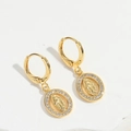Gold religious hoop earrings with Virgin Mary oval pendant and sparkling crystals - Oval (ES2724-4)