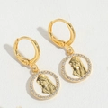 Vintage golden religious portrait earrings with white enamel and shimmering zirconia - Round (ES2724-6)