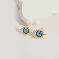 Golden copper stud earrings with blue resin evil eye design and wavy irregular frame - Blue and White Evil Eye (MA1-4)