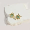 Golden Evil Eye resin stud earrings with blue accents on textured white stone - Blue and Yellow Evil Eye (MA1-4)