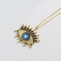 Macro shot of Devil's Eye pendant with blue enamel and colorful cubic zirconia stones - Blue Water Drop Eye