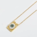 Vintage gold necklace with rectangular green devil's eye pendant and fine cross chain - Green