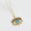 Golden Evil Eye pendant necklace with blue crystals and sparkling white zircons - Blue Pentagram Eye