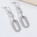 Elegant silver long drop earrings with paperclip chain links and sparkling zircon stones - Ring Style / Oval (Silver)