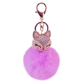 Close-up of purple faux fur ball keychain with rhinestone fox and rose gold hardware - White Fox Head + Peach Pink Fur Ball