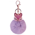 Detail of fox head keychain with pink rhinestones, white pearls and purple faux fur pompom - Pink Fox Head + Gray Fur Ball