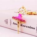 Golden ballet dancer keychain with pink enamel dress and sparkling rhinestones - Rose Red Enamel + Pink Rhinestone