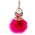 Creative crystal fox keychain with rose red faux fur pompom and pearl details - Pink Blue Fox Head And Rose Red Pompom