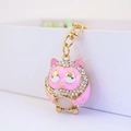 Cute pink owl keychain in gold alloy with sparkling rhinestones for handbags - Pink