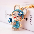 Cute cartoon mouse keychain with colorful rhinestones and gold plating on white surface - 11.6x4cm / Blue
