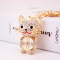 Golden lucky cat keychain with white crystals and gold Zhaocai plaque pendant - White