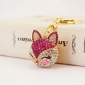 Sparkling fox head keychain with rhinestones and pink pearls on a gold-tone chain accessory - Individual OPP Bag Packaging / Rose Red