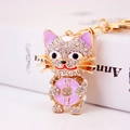 Golden fortune cat keychain with crystal rhinestones and lucky coin charm for handbags - Purple