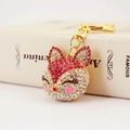 Cute fox keychain charm with red and white rhinestones and a gold metal finish - Individual OPP Bag Packaging / Pink