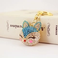 Sparkling fox head keychain with blue crystals and golden ring clasp accessory - Individual OPP Bag Packaging / Blue