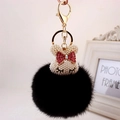 Porte-clés lapin mignon avec tête en perles, nœud rouge et grande boule de fourrure noire - Noir
