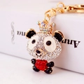 Sparkling panda keychain with rhinestones and a crown on a gold metal handbag accessory - Individual OPP Bag Packaging / Red