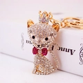 Sparkling crystal encrusted cat keychain with pink bow and crown for women's handbag - Rose Red