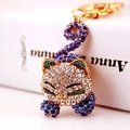 Portachiavi gatto dormiente scintillante con strass colorati su base in lega dorata - Confezione singola in busta OPP / Blu