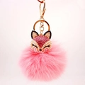 Pink faux fur fox keychain with sparkling crystal rhinestones and golden metal hook - Pink Rabbit Head + Pink Pom Pom