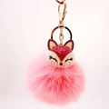 Sparkly pink fox faux fur pompom keychain with golden metal clasp and rhinestones - Pink Fox Head And Pink Pompom