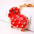 Cute red enamel sheep keychain with sparkling rhinestones and golden alloy hook - Red