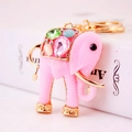 Pink resin elephant keychain with colorful gemstones and gold alloy ring accessory - Pink
