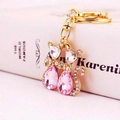 Pink crystal twin cat keychain with golden lobster clasp and sparkling rhinestones - Pink and Gold