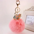 Swan keychain with pink plush pompom and multicolored rhinestones on a golden ring - Individual Packaging / Colorful + Watermelon Red Pom